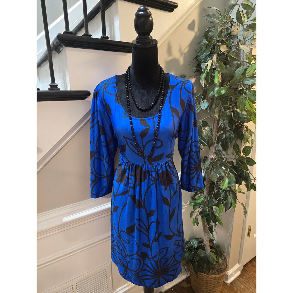 R&B Collection Midi Dress Women's 1X Blue Floral Casual Loose Fit Long Sleeves